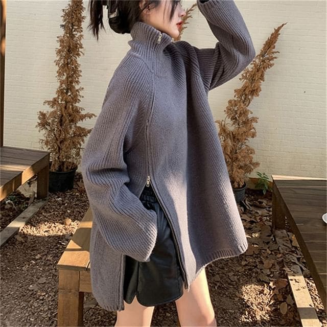 Turtleneck Plain Zip Split Oversize Sweater - Gray