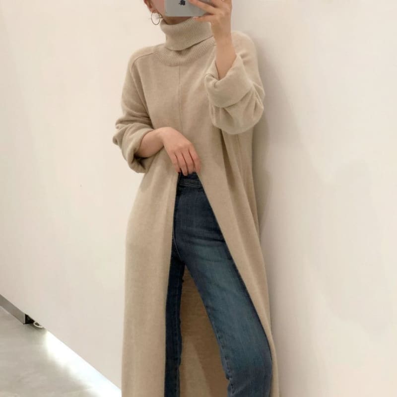 Turtleneck Slit Midi Sweater Dress