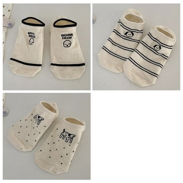 Two Tone Embroidered Low Cut Socks Set - Set of 3 Pairs