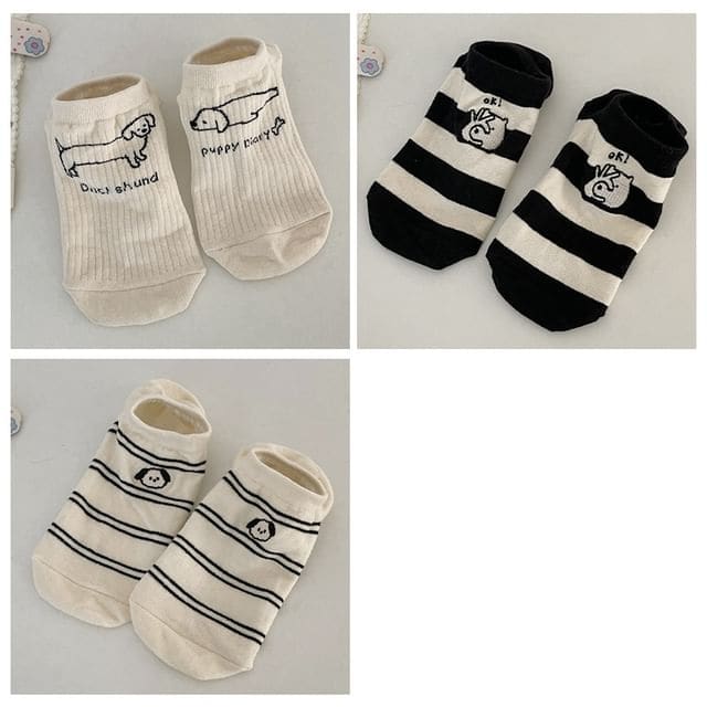 Two Tone Embroidered Low Cut Socks Set - Set of 3 Pairs