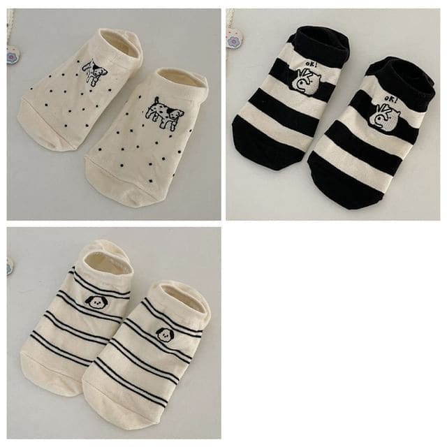 Two Tone Embroidered Low Cut Socks Set - Set of 3 Pairs