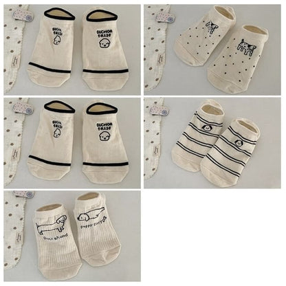 Two Tone Embroidered Low Cut Socks Set - Set of 5 Pairs