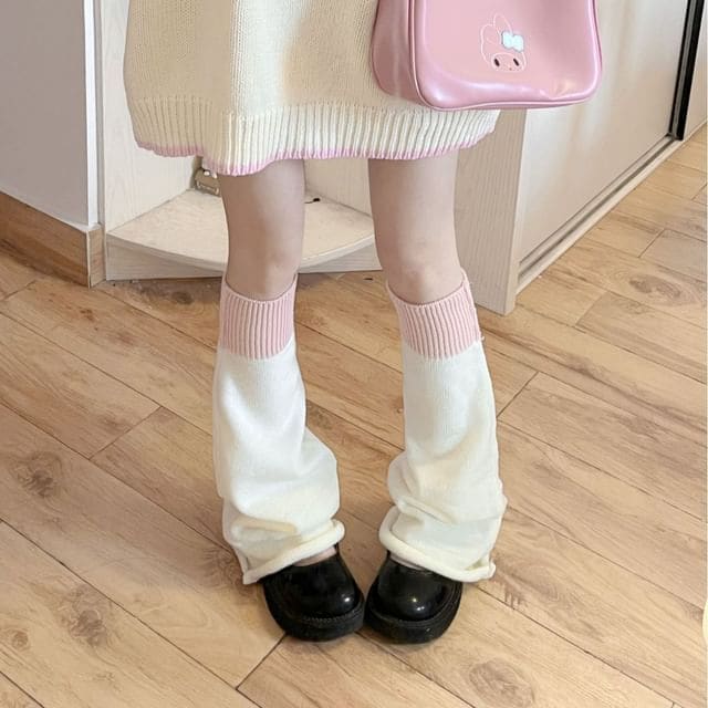 Two Tone Knit Leg Warmers - White & Pink / One Size