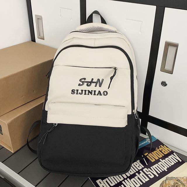 Two Tone Lettering Zip Backpack - Backpack - Black