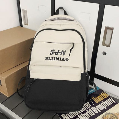 Two Tone Lettering Zip Backpack - Backpack - Black