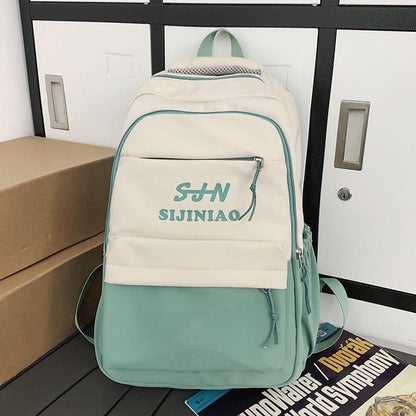 Two Tone Lettering Zip Backpack - Backpack - Green