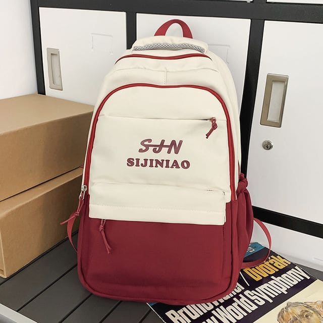 Two Tone Lettering Zip Backpack - Backpack - Wine Red