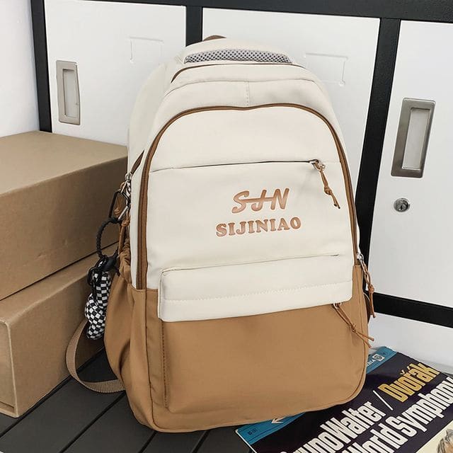 Two Tone Lettering Zip Backpack - With Bag Charm - Khaki