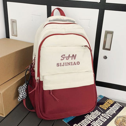 Two Tone Lettering Zip Backpack - With Bag Charm - Wine Red