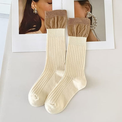 Two Tone Ribbed Socks / Set - Set of 2 Pairs - Beige