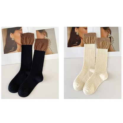 Two Tone Ribbed Socks / Set - Set of 2 Pairs - Black &