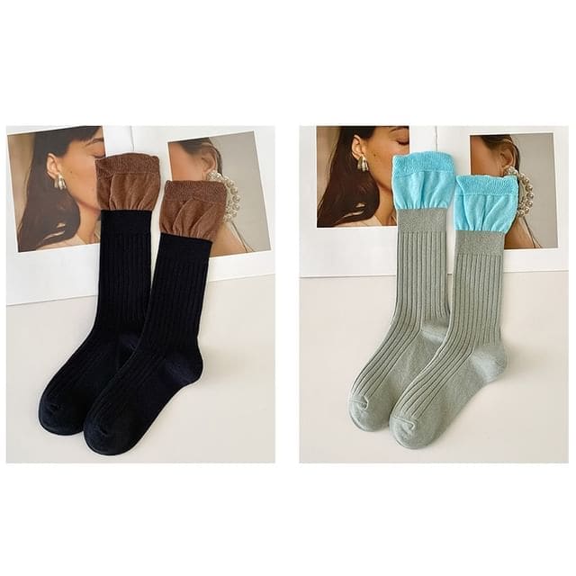 Two Tone Ribbed Socks / Set - Set of 2 Pairs - Black &