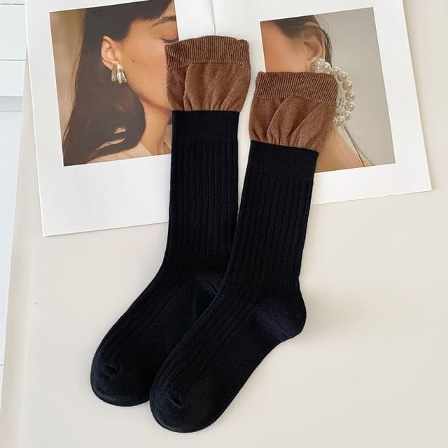 Two Tone Ribbed Socks / Set - Set of 2 Pairs - Black