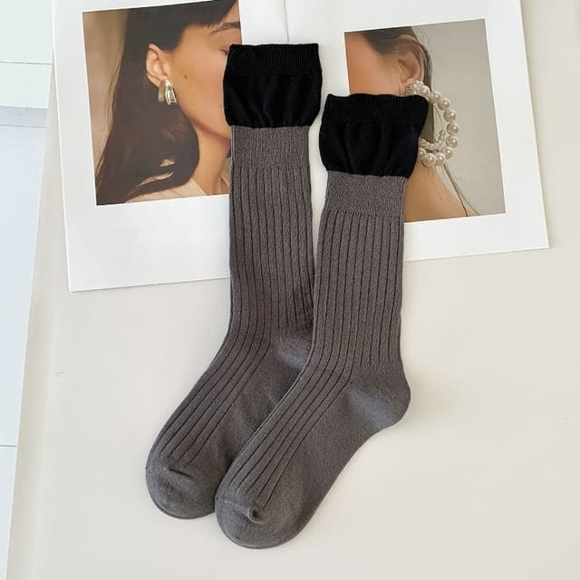 Two Tone Ribbed Socks / Set - Set of 2 Pairs - Dark Gray