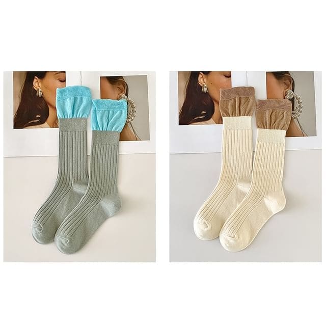 Two Tone Ribbed Socks / Set - Set of 2 Pairs - Light Gray &