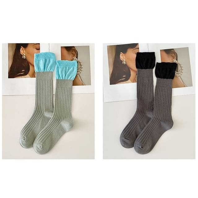 Two Tone Ribbed Socks / Set - Set of 2 Pairs - Light Gray &