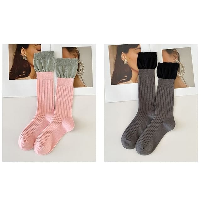 Two Tone Ribbed Socks / Set - Set of 2 Pairs - Pink & Dark