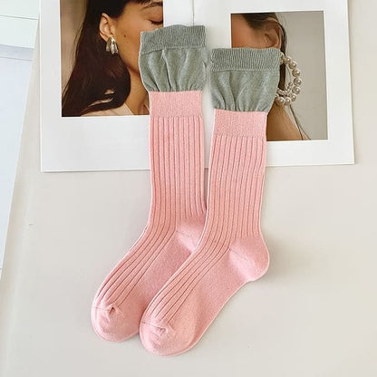 Two Tone Ribbed Socks / Set - Set of 2 Pairs - Pink