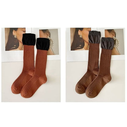 Two Tone Ribbed Socks / Set - Set of 2 Pairs - Rust Red &