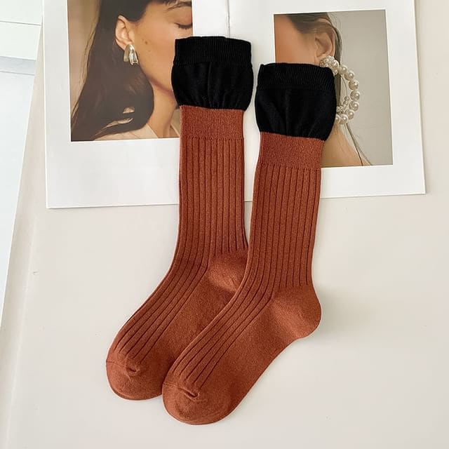 Two Tone Ribbed Socks / Set - Set of 2 Pairs - Rust Red