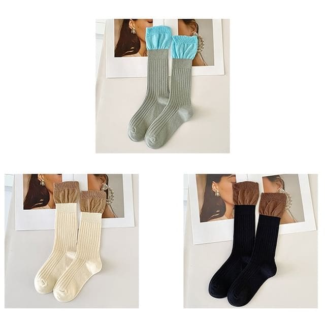 Two Tone Ribbed Socks / Set - Set of 3 Pairs - Light Gray &