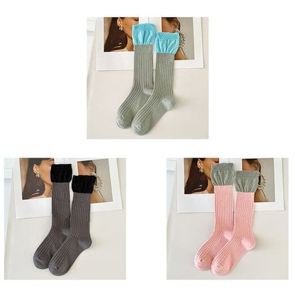 Two Tone Ribbed Socks / Set - Set of 3 Pairs - Light Gray &