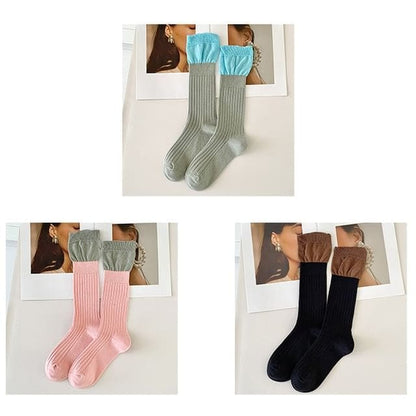 Two Tone Ribbed Socks / Set - Set of 3 Pairs - Light Gray &