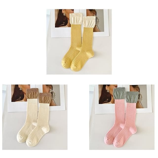 Two Tone Ribbed Socks / Set - Set of 3 Pairs - Yellow &