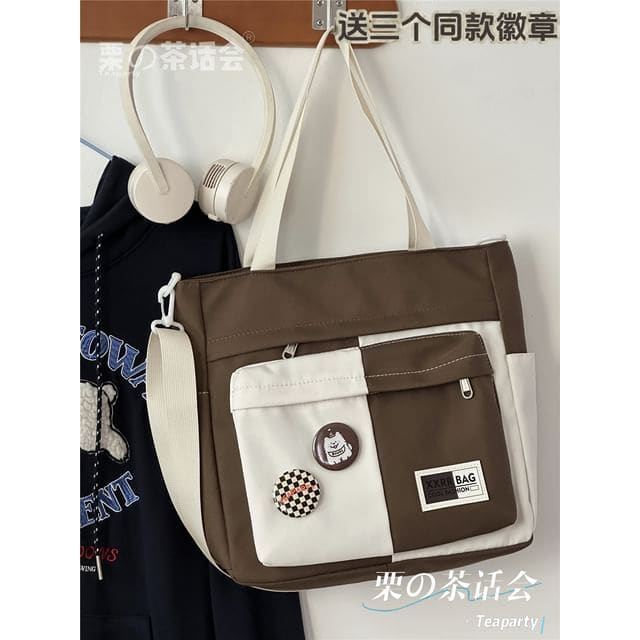 Two Tone Tote Bag / Bag Charm / Set - Brown / One Size