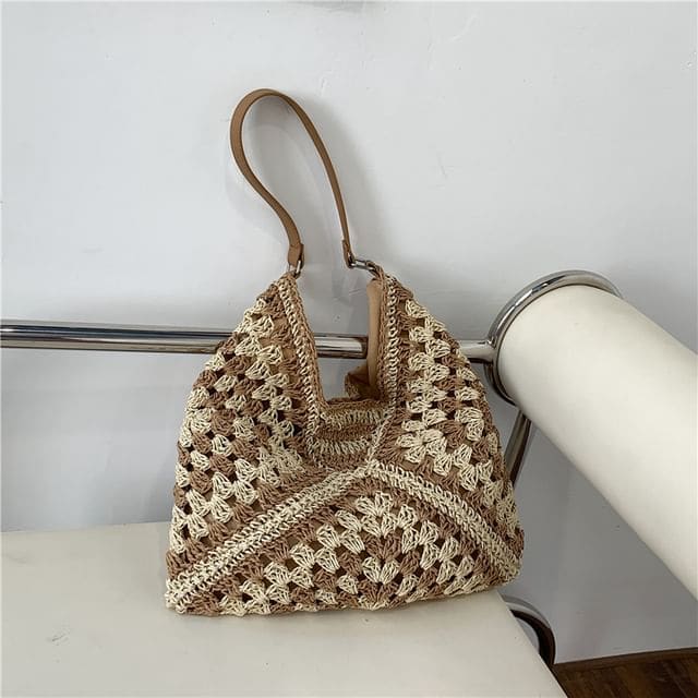 Two Tone Woven Tote Bag - Khaki / One Size