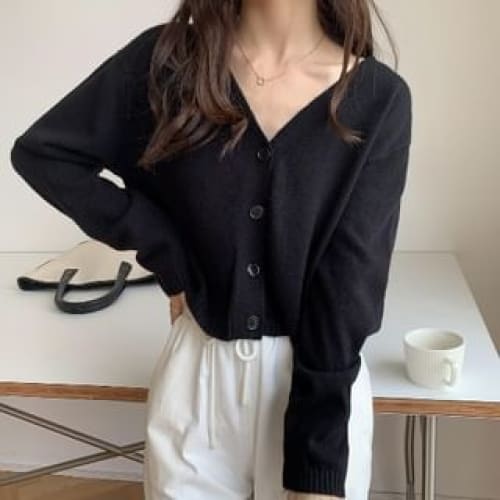 V-Neck Button-Up Plain Cardigan - Black / One Size