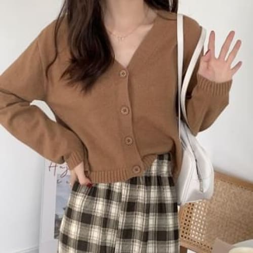 V-Neck Button-Up Plain Cardigan - Coffee / One Size