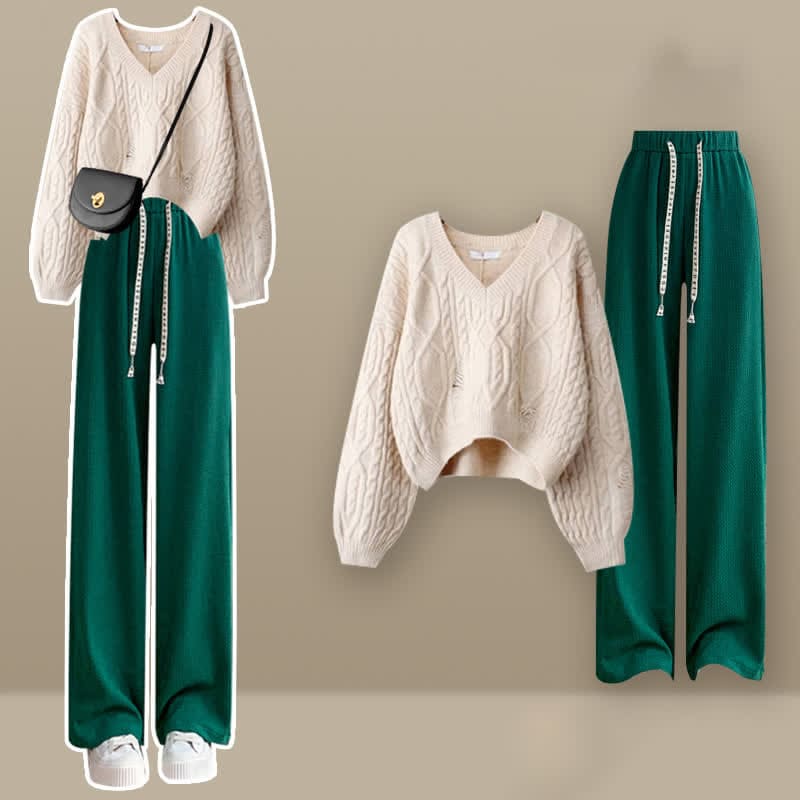 V-neck Cable Knit Sweater Green Pants Set - Apricot Set / M