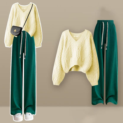 V-neck Cable Knit Sweater Green Pants Set - Yellow Set / M