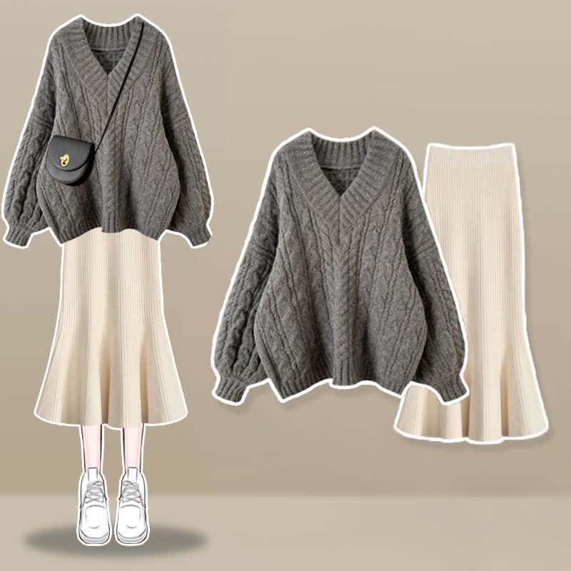 V-neck Cable Sweater Fishtail Skirt Set - Gray Set / M