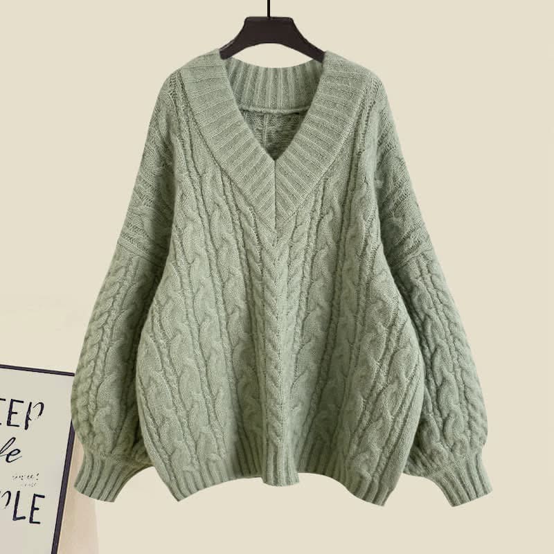 V-neck Cable Sweater Fishtail Skirt Set - Green Sweater / M