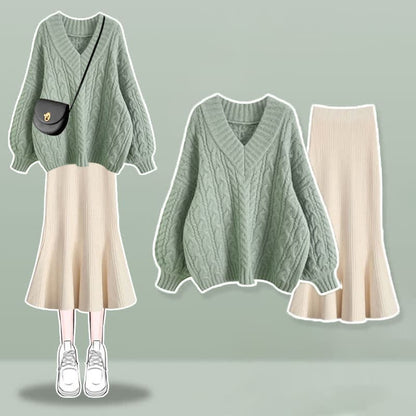 V-neck Cable Sweater Fishtail Skirt Set - Green Set / M