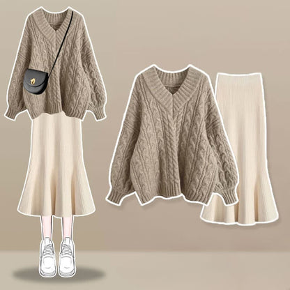 V-neck Cable Sweater Fishtail Skirt Set - Khaki Set / M