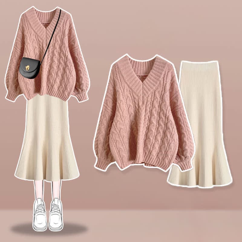 V-neck Cable Sweater Fishtail Skirt Set - Pink Set / M