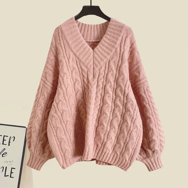 V-neck Cable Sweater Fishtail Skirt Set - Pink Sweater / M