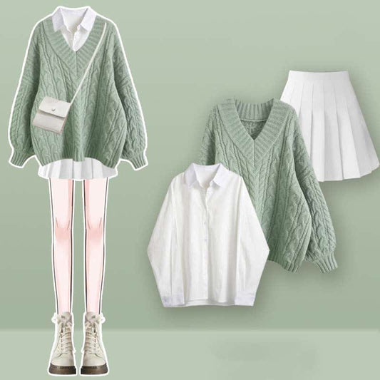 V-neck Cable Sweater Lapel Shirt Pleated Skirt Set - Green