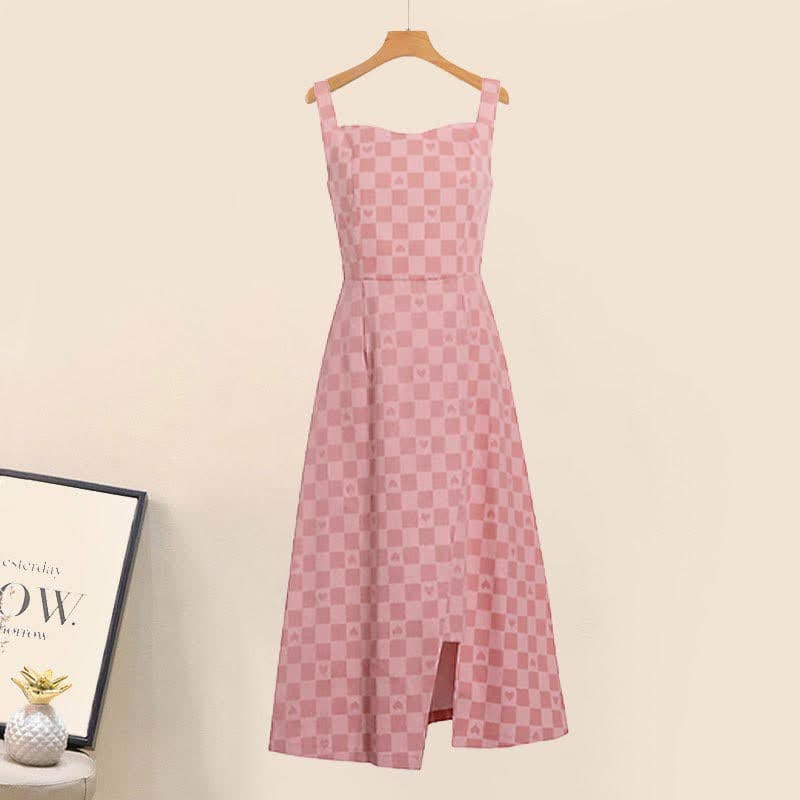 V-neck Cardigan Lattice Print Pink Slip Dress Set - Dress