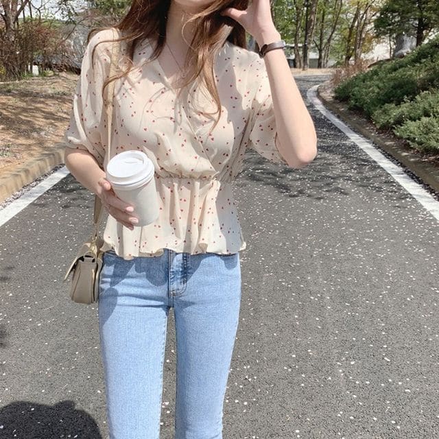 V-Neck Dotted Chiffon Top