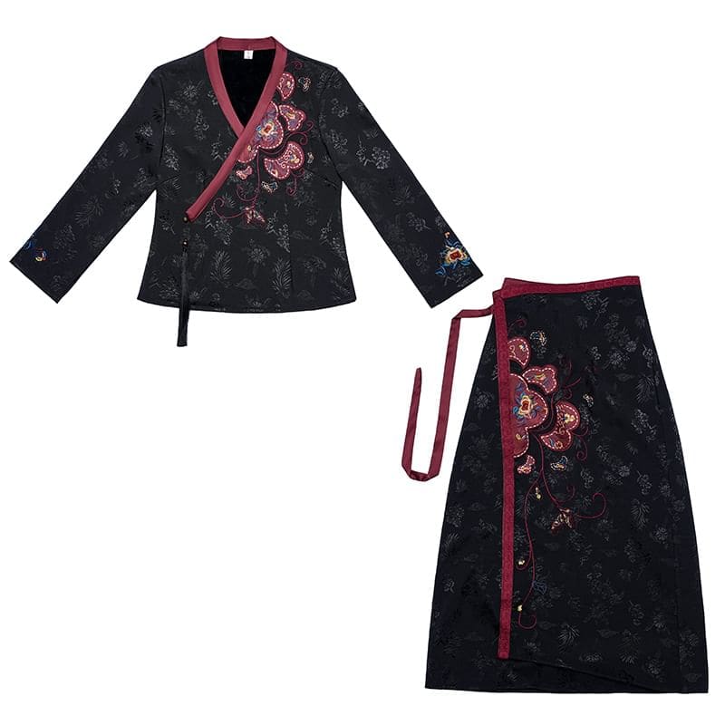 V-Neck Floral Blouse / Mid Rise Hanfu Patterned Maxi A-Line