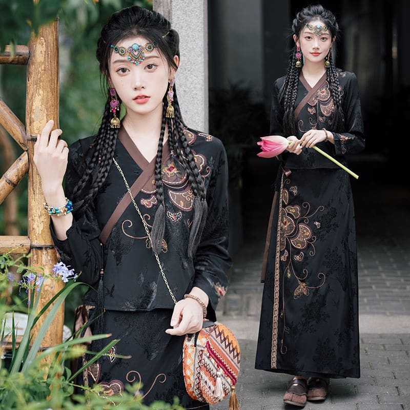 V-Neck Floral Blouse / Mid Rise Hanfu Patterned Maxi A-Line