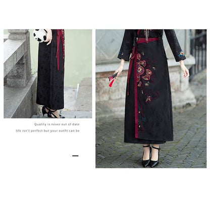 V-Neck Floral Blouse / Mid Rise Hanfu Patterned Maxi A-Line