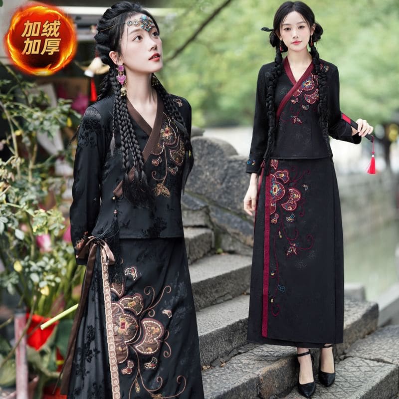 V-Neck Floral Blouse / Mid Rise Hanfu Patterned Maxi A-Line