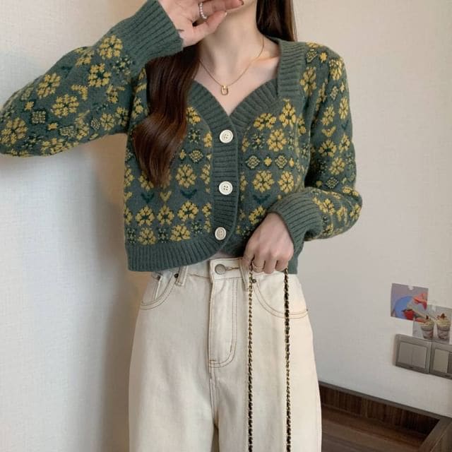 V-Neck Floral-Print Cropped Cardigan - Green / One Size