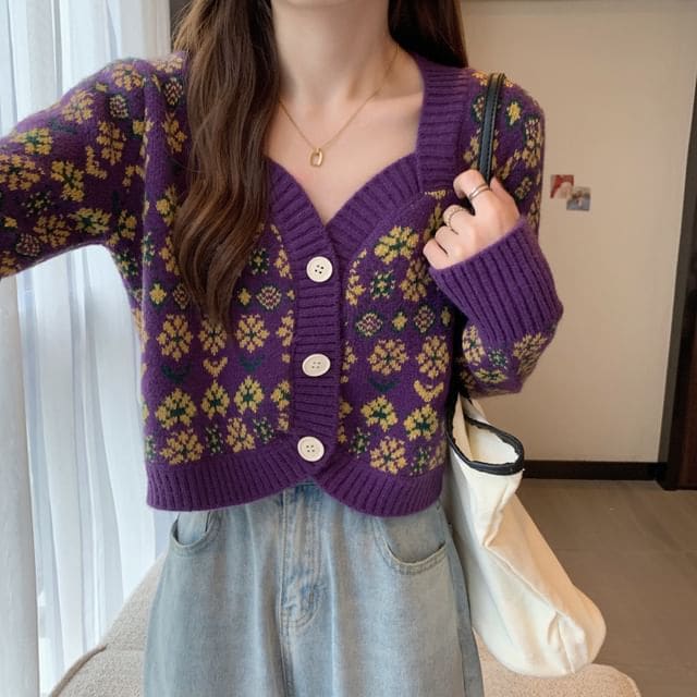 V-Neck Floral-Print Cropped Cardigan - Purple / One Size