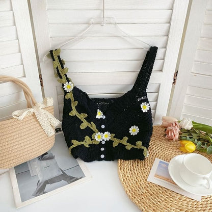 V-Neck Flower Knit Cami Top - Black / One Size